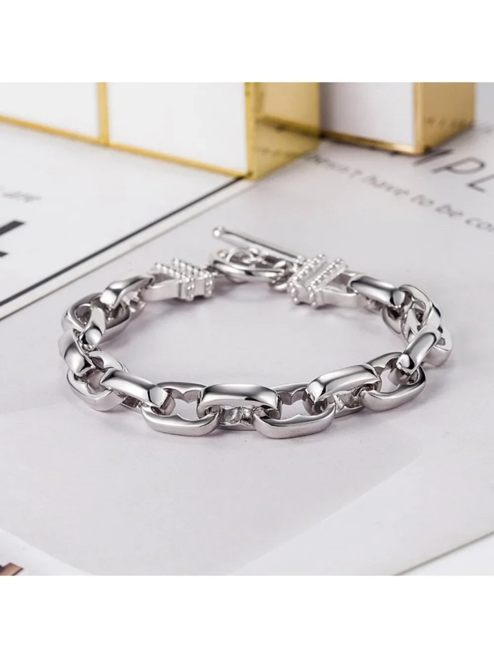 Punk Solid Silver Bracelet for Men & Women, 925 Sterling Rolo Chain Bangle, Hip